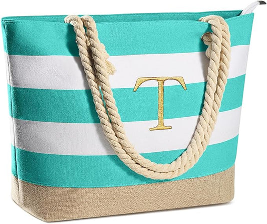 YOOLIFE Initial Canvas Waterproof Beach Tote Bag Zipper Personalized Gifts for Women Her Birthday Travel Beach Essential