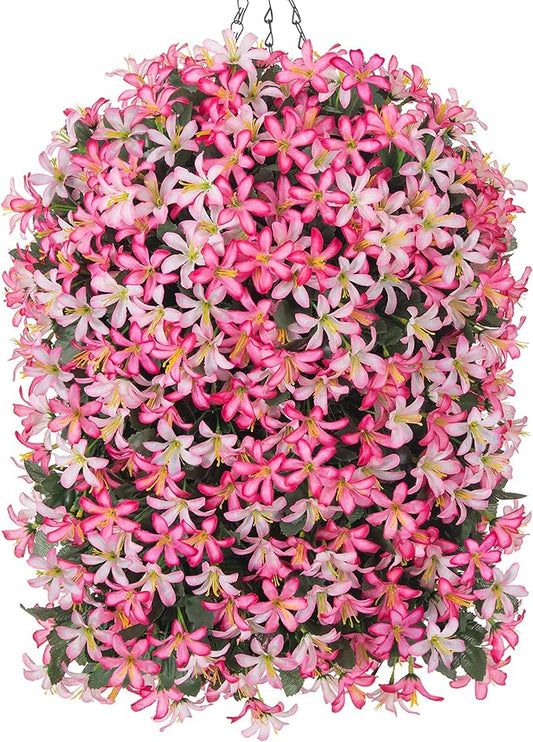 Artificial Flowers Plants for Outdoor with Basket, 4PCS Silk Hanging Faux Flowers Long Trailing Vines for Outside Home Porch Patio Decoration, Pink & Light Pink