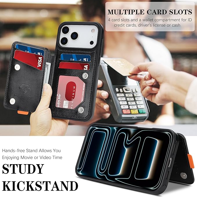 GUERNICA for iPhone 17 Pro (6.3") Case Wallet with Card Holder, RFID Blocking Leather Protection, Shockproof Women Men Phone Case for Apple 17 Pro, A - Black