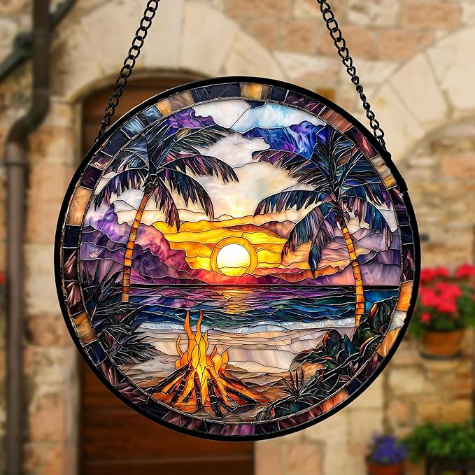 DASTOLL Stained Glass Window Hanging,Bonfire Beach Landscape Suncatcher Diamond Glass Panel Sun Catchers Decor for Birthday for Women, Men, Wife, Aunt, and Mom 11.8x11.8 in
