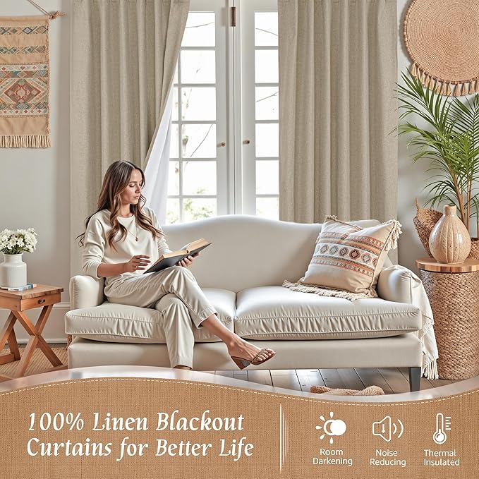 LAMIT 100% Blackout Linen Curtains, 84 Inch Linen Textured Living Room Farmhouse Curtains Room Darkening Back Tab and Rod Pocket Neutral Panels with White Liner, 2 Panels, 38 x 84 Inch, Taupe
