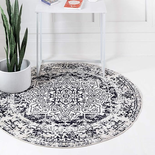 Rugs.com Arlington Collection Rug – 5 Ft Round Blue Medium-Pile Rug Perfect for Kitchens, Dining Rooms