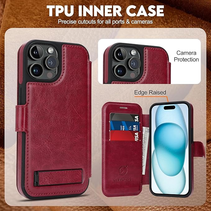 CIVICASE for iPhone 14 Pro Max Wallet Case with Stand,PU Leather Flip Credit Card Holder Slots (RFID Blocking),Compatible with Magsafe Magnetic Holder Phone Cover Women Men,Wine Red