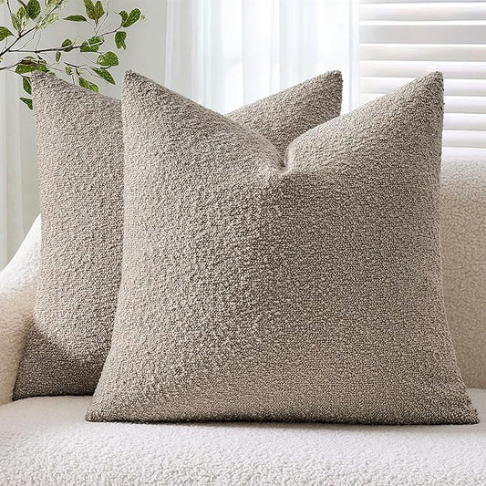 ANRODUO Pack of 2 Textured Boucle Throw Pillow Covers Soft Light Taupe Euro Decorative Accent Solid Pillow Cases Cozy Modern Couch Cushion Case for Sofa Bedroom Living Room Home Decor, 24 x 24 Inch