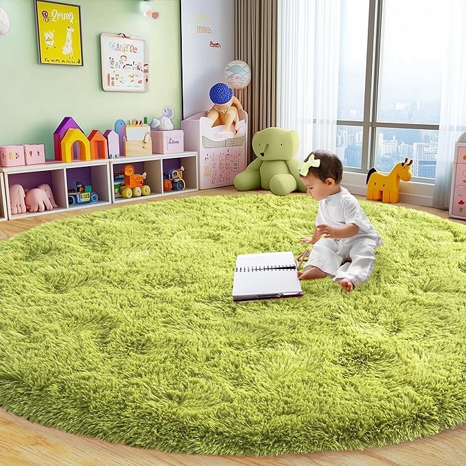 Round Fluffy for Bedroom Rugs, 4Ft Green Shag Circle Rug Non-Slip for Kids Girls Boys Bedroom Dorm Nursery Playroom, Soft Cute Area Rugs for Living Room Decor