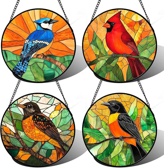 DASTOLL Stained Glass Window Hanging 4 Pcs Set Birds Large 11.8" - Cardinal Blue Jay Suncatcher Door Garden Sun Catcher Decor Birthday Christmas for Bird Lovers Mom Woman Nana Men