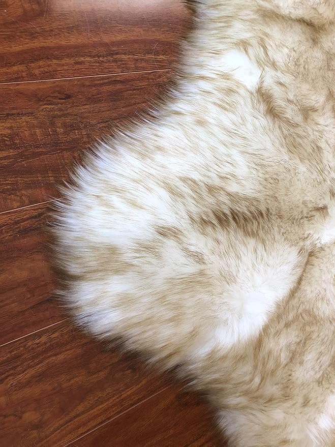 Free Shape Luxury Soft Fluffy Shag Area Rug Duo Decto 12 Pelts 6'x12', 180x360cm - Vegan Fur Ultra Soft Indoor Carpet Nursery Rugs for Bedroom Home Decor, White with Brown Tips