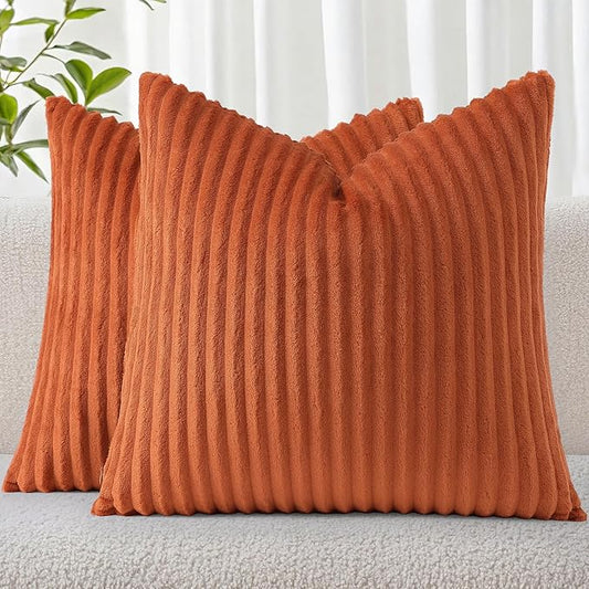 Simmore Decorative Spring Throw Pillow Covers 18x18 Set of 2, Soft Natural Plush Flannel Double-Sided Fluffy Couch Pillow Covers for Sofa Living Room, Rust