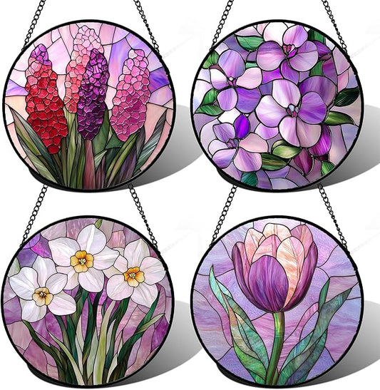 DASTOLL Stained Glass Window Hanging 4 Pcs Set Purple Flower Theme 9.8" - Tulip Suncatcher Door Garden Sun Catcher Decor Birthday Christmas for Plant Lovers Woman Nana Men