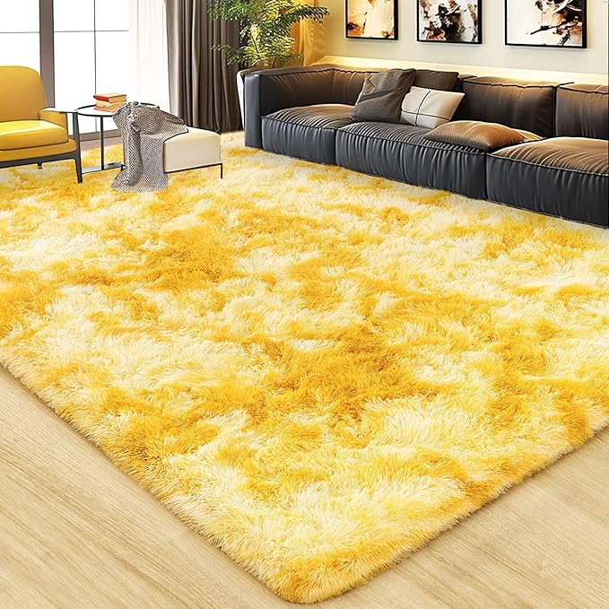 Large 9x12 Area Rug for Living Room, Soft Shag Thick Fluffy Plush Fuzzy Carpet for Bedroom, Non Slip Dorm Rug for Home Decor Aesthetic, Tie-Dyed Yellow