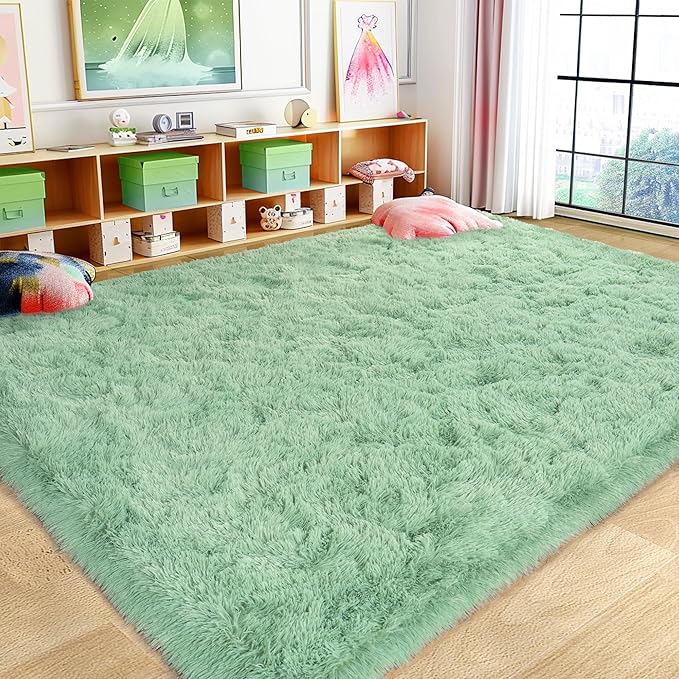 Ultra Fluffy Area Rugs for Living Room Bedroom, 6x9 Fuzzy Large Living Room Rugs, Thick Shag Rug for Dorm, Soft Non Slip Kids Girls Boys Rug for Home Decor Aesthetic, Sage Green