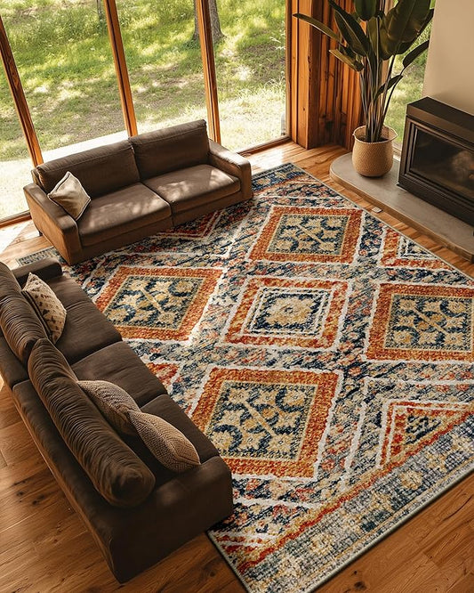 Area Rug 9x12 Rug Machine Washable Non-Slip Low Pile Print Pattern Fall Western Rug for Living Room Bedroom Entryway Tribal Series -Orange/Brown