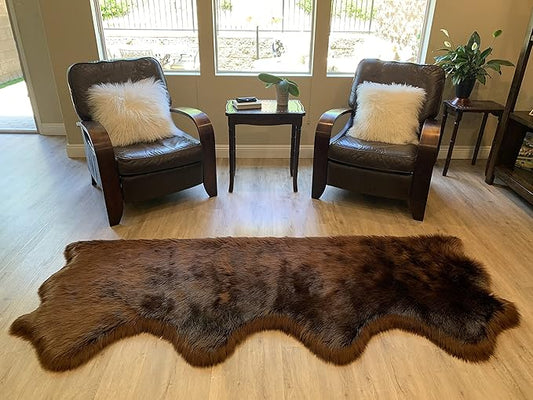 LAMBZY Faux Sheepskin Super Soft Hypoallergenic Silky Shag Rug for Living Room, Kids Room, Sofa (Quarto 4 Pelts Side by Side 3'x8', Brown)