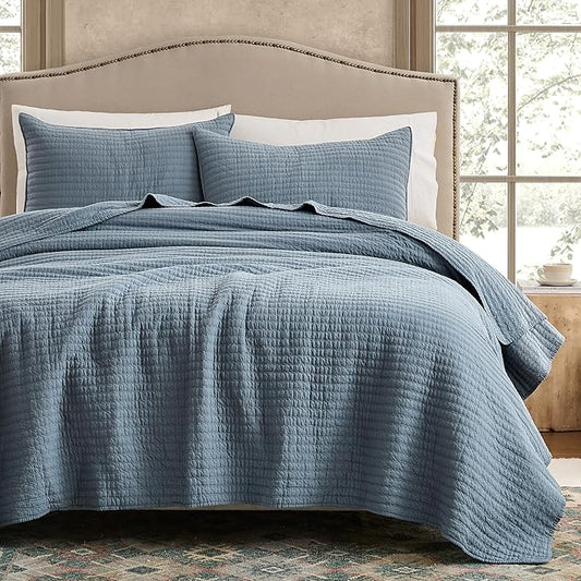 WDCOZY 100% Cotton Oversized King Size Quilt Set - Dusty Blue California Cal King Striped Pick Stitch Soft Lightweight Bedspread, Textured Like Linen, Farmhouse Country Rustic Coverlet, 3 Pieces