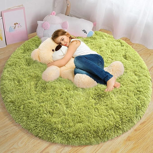 Round Fluffy for Bedroom Rugs, 5Ft Green Shag Circle Rug Non-Slip for Kids Girls Boys Bedroom Dorm Nursery Playroom, Soft Cute Area Rugs for Living Room Decor