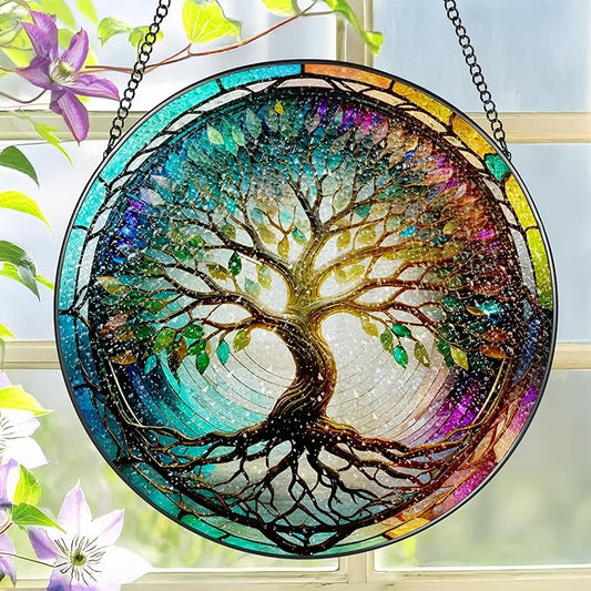 Stained Glass Window Hanging, LAOWEIKI 8'' Tree of Life Suncatcher, Stained Glass Ornament, Suncatchers for Windows Hanging, Window Decor, Outdoor or Indoor, Gifts for Mom, Grandma, Wife, Family
