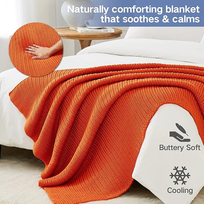 Guohaoi Knitted Weighted Blanket for Adults (Orange 48"x72" 12lbs) No Beads Cooling Throw Blanket for Hot Sleepers, Home Decor Breathable Chunky Knit Heavy Blanket Use on Full Size Bed