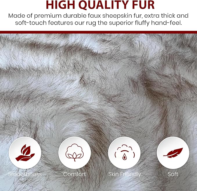 Free Shape Luxury Soft Fluffy Shag Area Rug Double Side by Side 3'x4', 90x120cm - Vegan Fur Ultra Soft Indoor Carpet Nursery Rugs for Bedroom Home Decor, White with Brown Tips