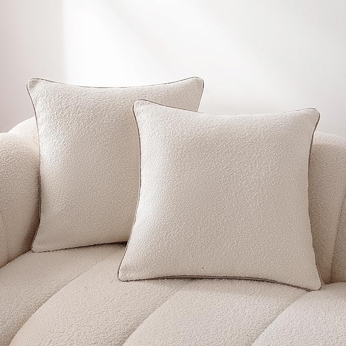 Amazon Basics Boucle Throw Pillow Covers for Couch, Living Room, Home Decor with Hidden Zipper, White, 18×18in, Pack of 2