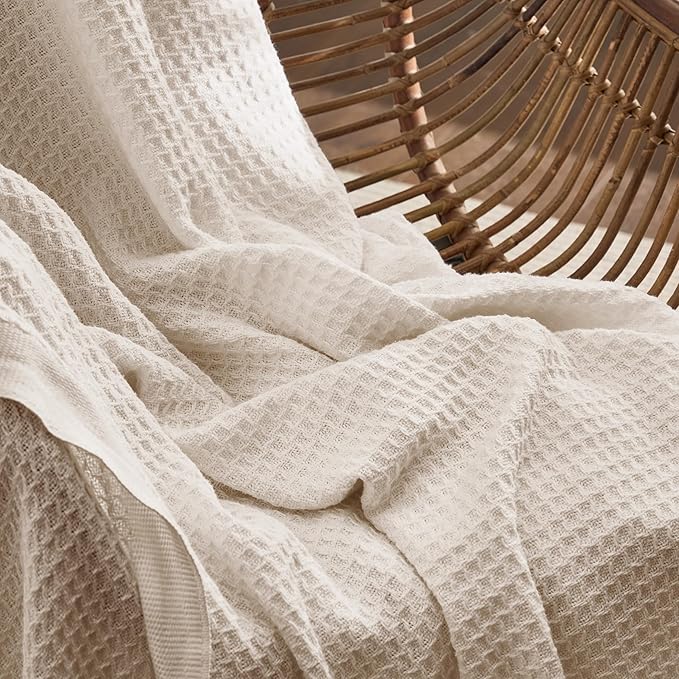 Bedsure Gentlesoft 100% Cotton Blanket Queen Size for Bed - Breathable and Soft, Thick Cozy Waffle Weave Christmas Blanket Gift for Women, Light Beige, 90x90 Inches