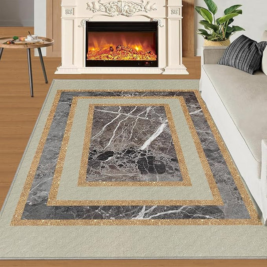 Light Luxury Marble Area Rugs Gilded Stripe Geometry Area Carpet Abstract Marble Texture Rug Stone Crack Carpet for Living Room Study Bedroom 3x5ft