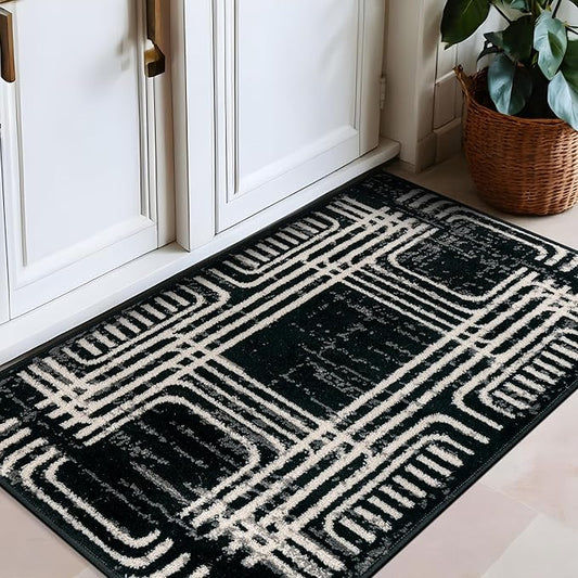 Rugshop Black and White Geometric Area Rug – Abstract Curved Line and Square Pattern Carpet for Living Room, Bedroom, or Office – Contemporary Soft Floor Décor 2' 3" x 4' Black
