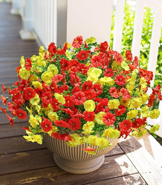 HyeFlora Artificial Flowers for Outdoors Fake Plants Outside Decoration, 12 Bundles Silk Colorful Morning Glory with Eucalyptus UV Resistant Realistic Faux Flowers for Planter Porch Patio Yard Garden