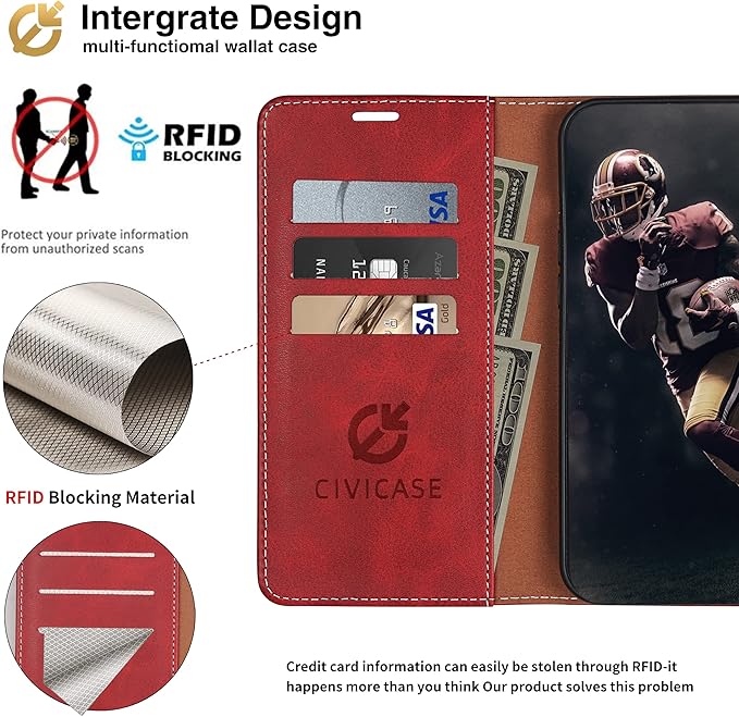 CIVICASE for iPhone 17 Air Wallet Case,PU Leather Flip Case RFID Blocking Credit Card Holder Folio Magnetic Stand TPU Shockproof Cover Compatible with iPhone 17 Air, Red Brown