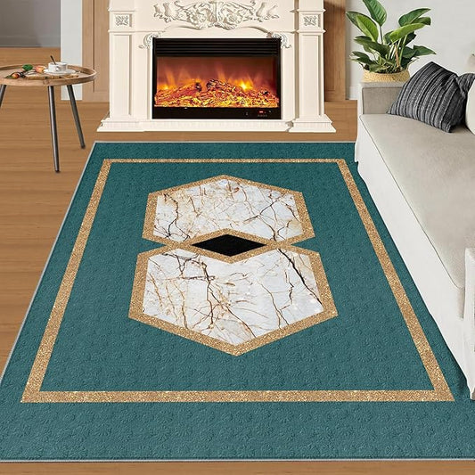 Jadeite Marble Area Rug Abstract Marble Texture Area Rugs for Living Room Light Luxury Stone Crack Carpet Gold Geometric Stripes Outdoor Carpet for Bedroom Living Room 6x9ft