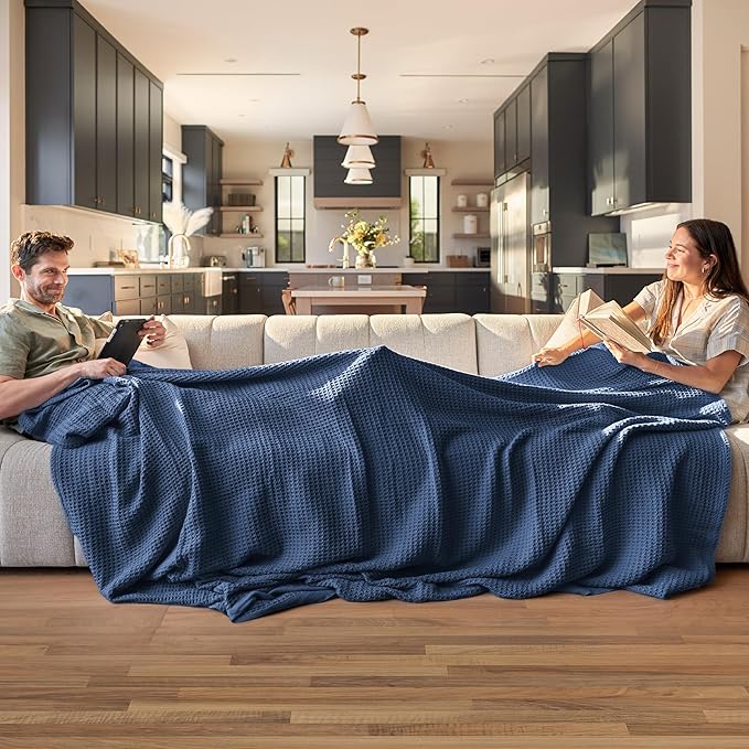 Bedsure Gentlesoft 100% Cotton Blanket Twin XL Size for College Dorm - Breathable and Soft, Waffle Weave Twin Blanket for Summer, Dorm Room Essentials, Navy, 66x90 inches