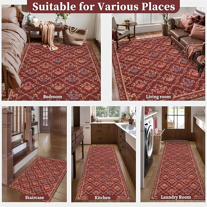 Tangsoo 5x7 Washable Area Rug, Non Slip Red Floral Indoor Rug, Soft Low Pile Floor Carpet for Living Room, Bedroom, Dining Room, Pet & Child Friendly Room Decor, Easy to Clean