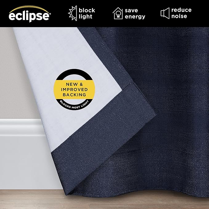Eclipse Kendall Textured Blackout Thermal Rod Pocket Window Curtain, Insulating & Noise Reducing Curtains for Bedroom or Living Room (1 Panel), 63 in Long x 42 in Wide, Indigo