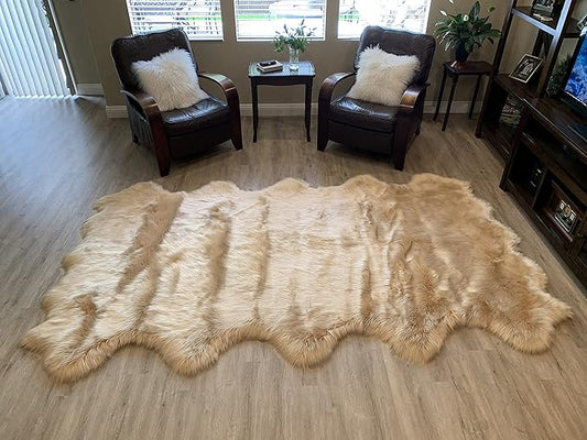 LAMBZY Faux Sheepskin Super Soft Hypoallergenic Silky Shag Rug for Living Room, Kids Room, Sofa (Decto 10 Pelts 6'x10', Beige)