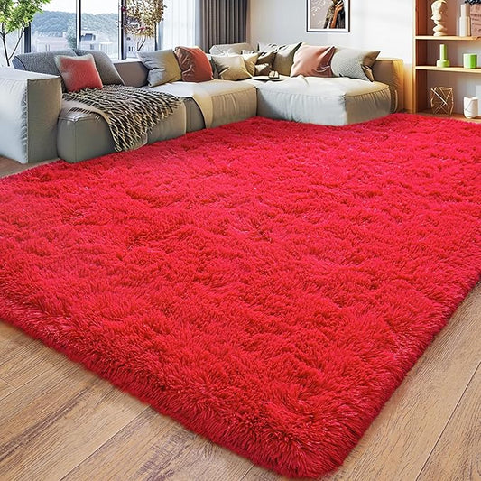 Large 9x12 Area Rugs for Living Room, Soft Shag Thick Fluffy Rug for Bedroom, Non Slip Plush Fuzzy Carpet for Girls Boys Kids Dorm Rug for Home Decor Aesthetic, Red