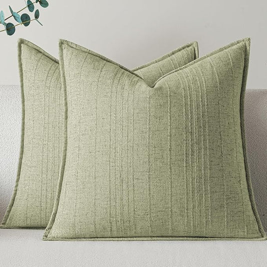 a moment Linen Pillow Covers Set of 2,Boho Farmhouse Throw Pillowcases Neutral Textured Decorative Covers for Couch Sofa,Linen Blend Accent Case Cushion Living Room Home Decor 26"x26"Seeding Green