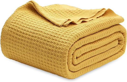 Bedsure Gentlesoft 100% Cotton Blanket King Size for Bed - Breathable and Soft, Thick Cozy Waffle Weave Christmas Blanket Gift for Women, Mustard Yellow, 104x90 inches