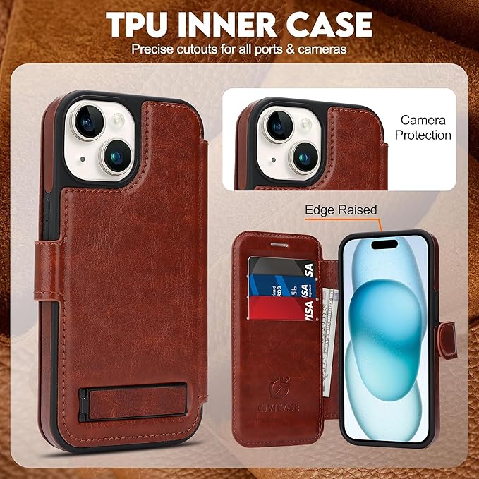 CIVICASE for iPhone 15 Wallet Case with Stand,PU Leather Flip Credit Card Holder Slots (RFID Blocking),Compatible with Magsafe Magnetic Holder Phone Cover Women Men, Dark Brown