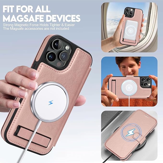CIVICASE for iPhone 13 Pro Max Wallet Case with Stand,PU Leather Flip Credit Card Holder Slots (RFID Blocking),Compatible with Magsafe Magnetic Holder Phone Cover Women Men,Rose Gold