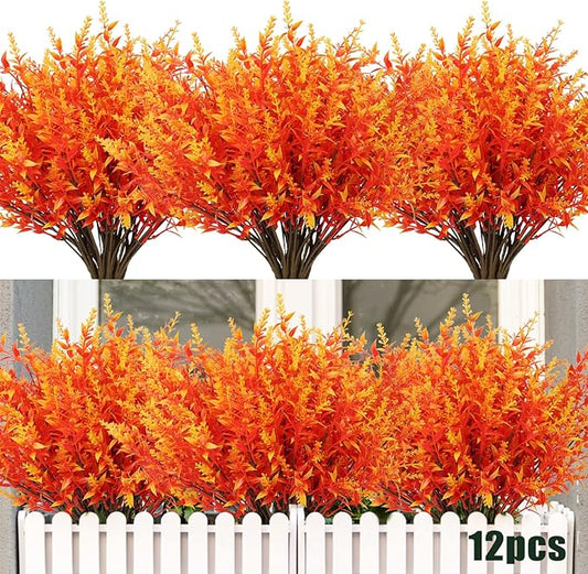 RECUTMS 12 Bundles Outdoor Artificial Flowers UV Resistant Fake Boxwood Plants, Faux Greenery for Indoor Outside Hanging Plants Garden Porch Window Box Home Wedding Farmhouse Décor (Gold)