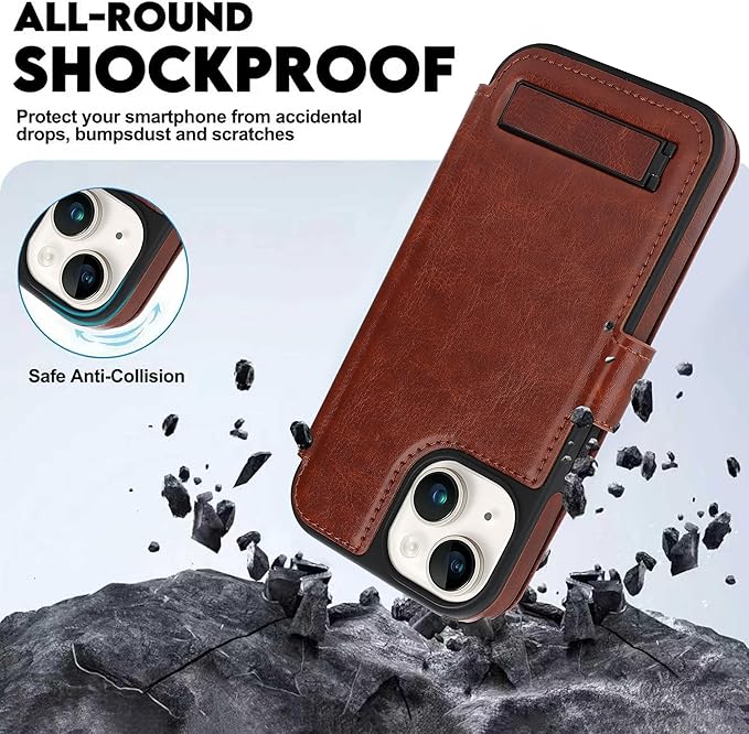 CIVICASE for iPhone 15 Wallet Case with Stand,PU Leather Flip Credit Card Holder Slots (RFID Blocking),Compatible with Magsafe Magnetic Holder Phone Cover Women Men, Dark Brown