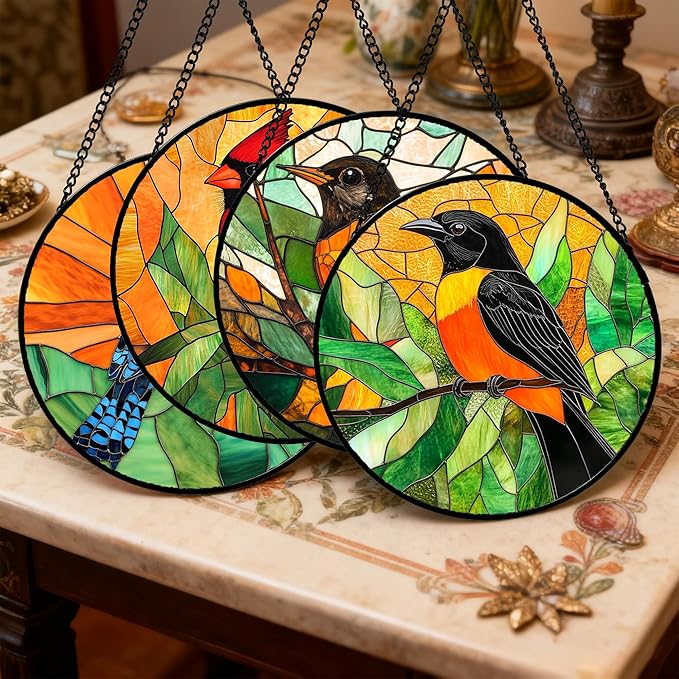 DASTOLL Stained Glass Window Hanging 4 Pcs Set Birds 9.8" - Cardinal Blue Jay Suncatcher Door Garden Sun Catcher Decor Birthday Christmas for Bird Lovers Mom Woman Nana Men