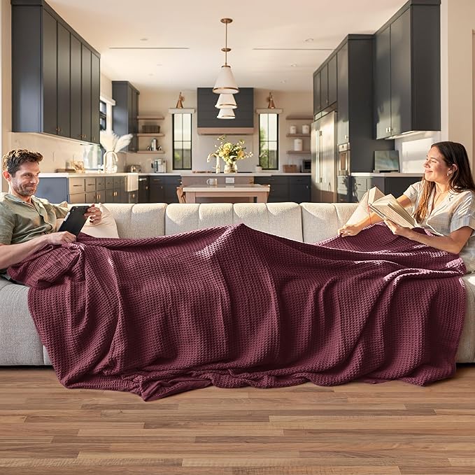 Bedsure Gentlesoft 100% Cotton Blanket Twin XL Size for College Dorm - Breathable and Soft, Waffle Weave Twin Blanket for Summer, Dorm Room Essentials, Burgundy, 66x90 inches
