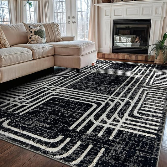 Rugshop Black and White Geometric Area Rug – Abstract Curved Line and Square Pattern Carpet for Living Room, Bedroom, or Office – Contemporary Soft Floor Décor 5' x 7' Black