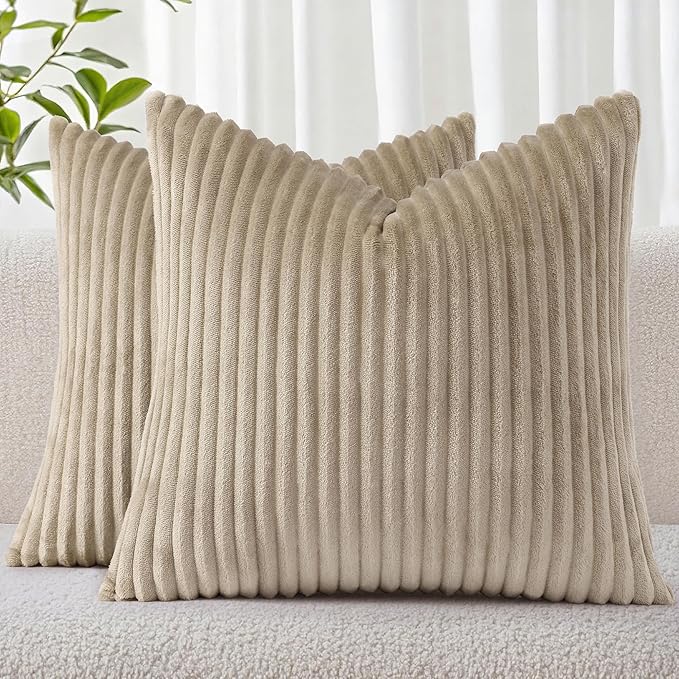 Simmore Decorative Spring Euro Sham Throw Pillow Covers 26x26 Set of 2, Soft Natural Plush Flannel Double-Sided Fluffy Couch Pillow Covers for Sofa Living Room, Khaki