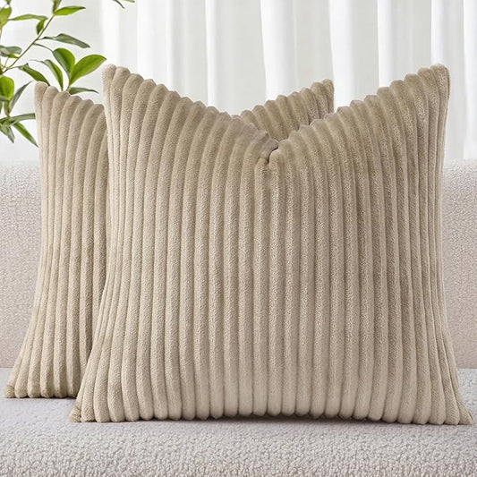 Simmore Decorative Spring Throw Pillow Covers 20x20 Set of 2, Soft Natural Plush Flannel Double-Sided Fluffy Couch Pillow Covers for Sofa Living Room, Khaki