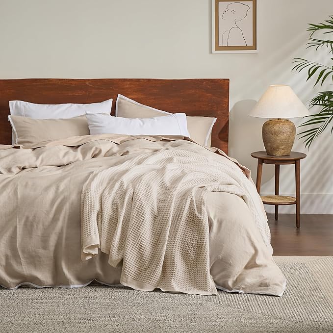 Bedsure Gentlesoft 100% Cotton Blanket Queen Size for Bed - Breathable and Soft, Thick Cozy Waffle Weave Christmas Blanket Gift for Women, Light Beige, 90x90 Inches