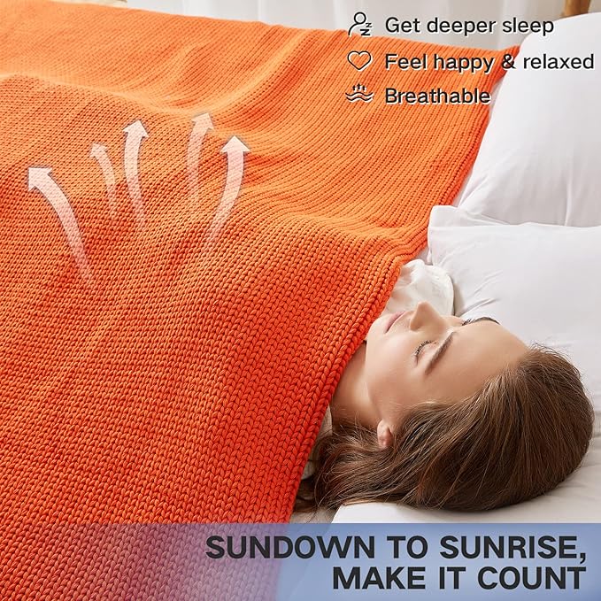 Guohaoi Knitted Weighted Blanket for Adults (Orange 48"x72" 20lbs) No Beads Cooling Throw Blanket for Hot Sleepers, Home Decor Breathable Chunky Knit Heavy Blanket Use on Full Size Bed