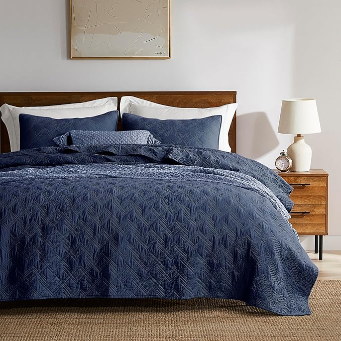 WDCOZY 100% Cotton Oversized King Quilt Set - Navy Blue California Cal King Size Soft Lightweight Modern Bedspread, Farmhouse Country Rustic Coverlet, Textured Like Linen, Shabby Chic Bedding