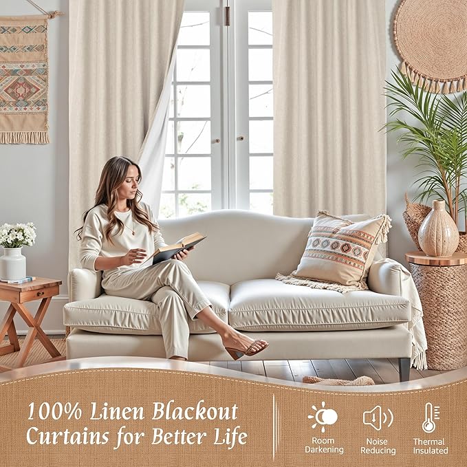 LAMIT Oatmeal 100% Blackout Linen Curtains, 63 Inches Linen Textured Thermal Bedroom Curtains Back Tab and Rod Pocket Neutral Panels with White Liner for Farmhouse, 2 Panels, 38 x 63 Inch