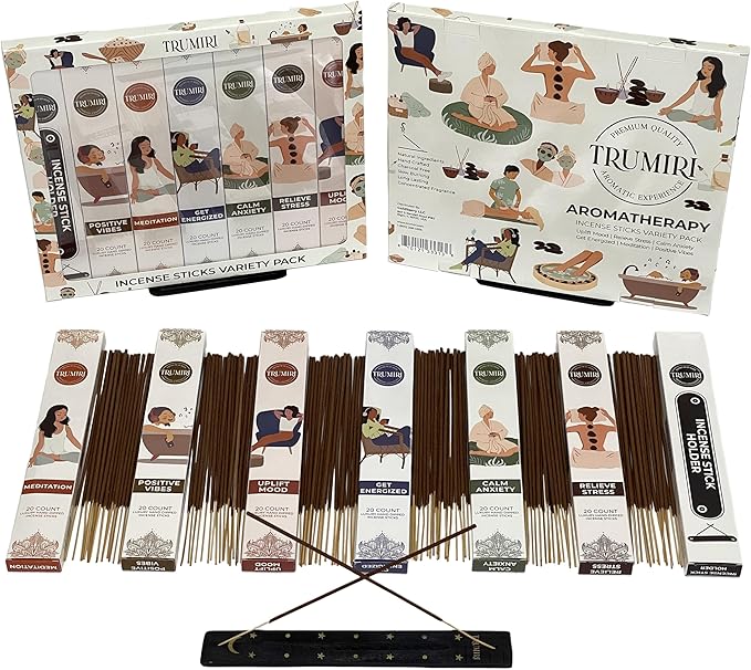 Aromatherapy Incense Sticks - Total 120 Insence-Sticks (20 Insense x 6 Inscents) - Inciensos Aromaticos para La Casa Aroma Incents for Positive Vibes Meditation Stress Relief + Incense Holder
